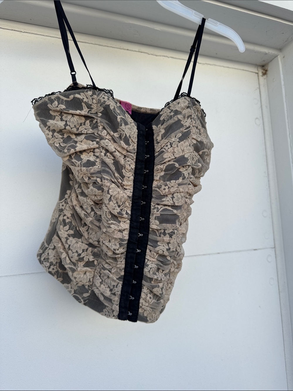 Lace Ruched Cami Top in Beige and Black